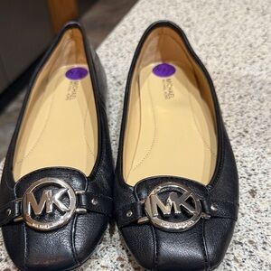 Michael Kors Black Leather Flats with Silver Logo